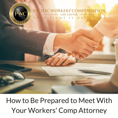 How to be prepared to meet with your worker's comp. attorney. Image of two people shaking hands. 