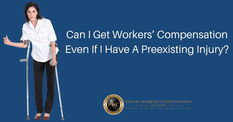 Text: Can I Get Workers' Compensation Even If I Have a Preexisting Injury? 

Image: A woman on crutches on a blue background. 