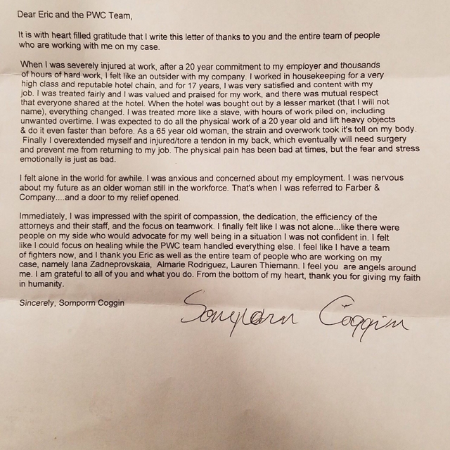 Beautiful Letter From a Pacific Workers' Compensation Client