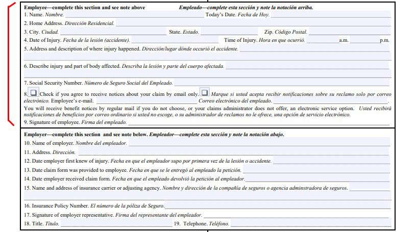Highlighting the employee section of the DWC-1 form