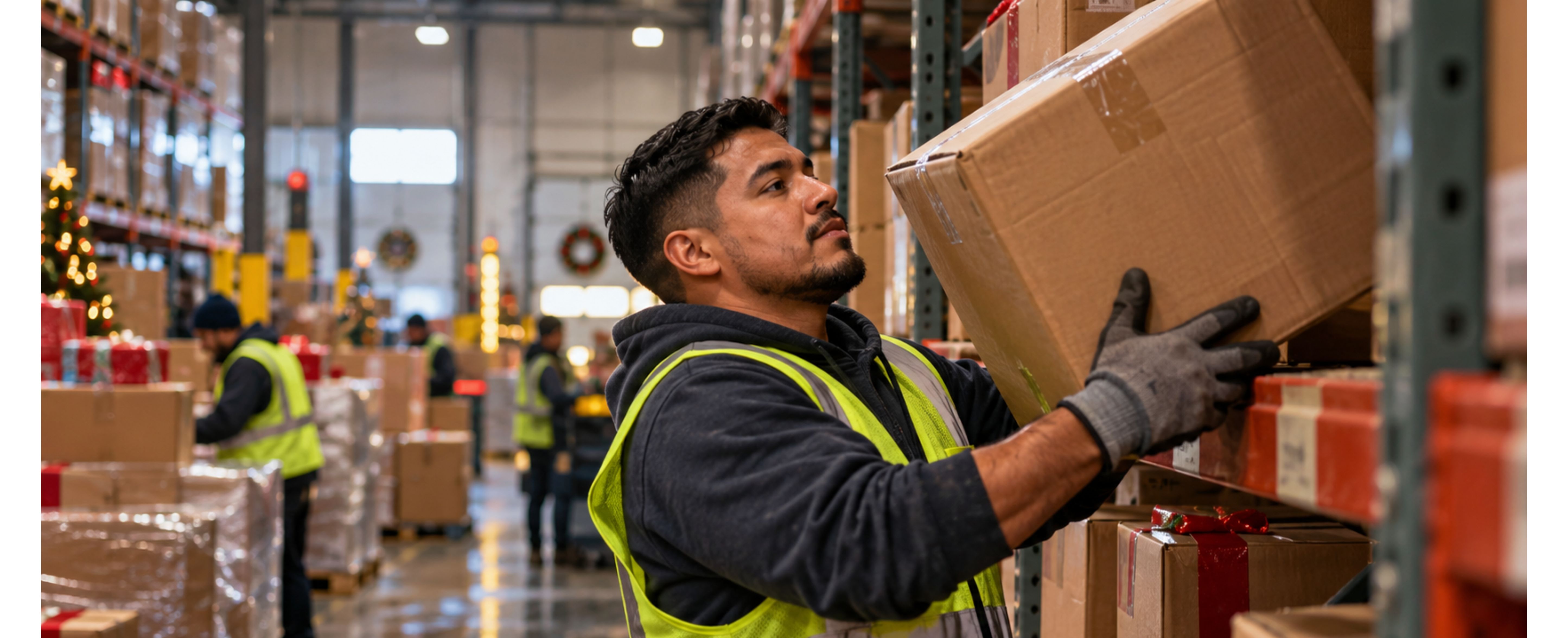 Seasonal warehouse worker lifting a heavy box during a holiday shift in California